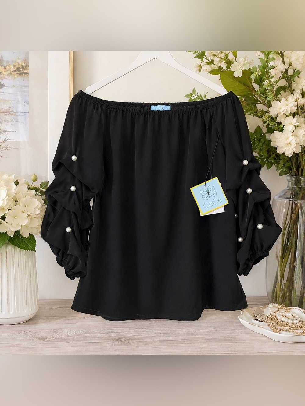 CeCe Women's Off Shoulder Pearl Ruffle Sleeve Blouse Black Size S NWT